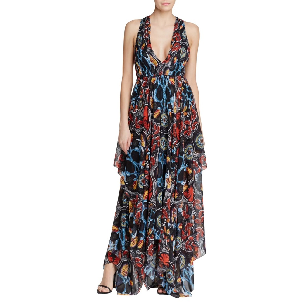 Alice + Olivia Dress Womens Size 2 Kora Floral Baroque Handkerchief Layered Maxi